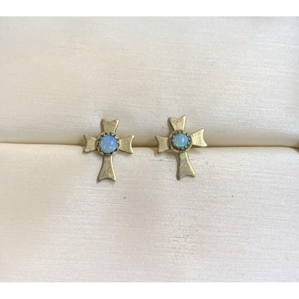 Vintage Silver Tone Opal Cross Earrings